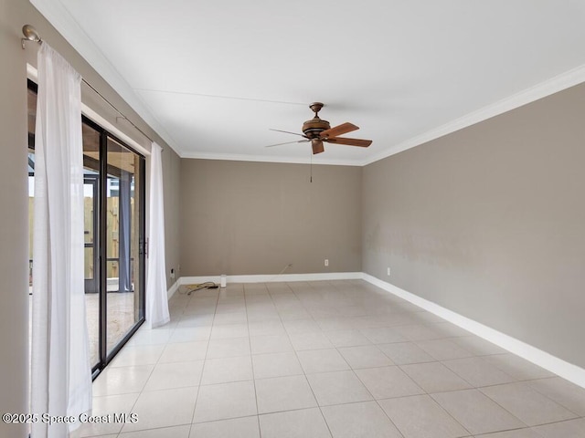 empty room featuring ceiling fan, ornamental molding, and light tile patterned flooring