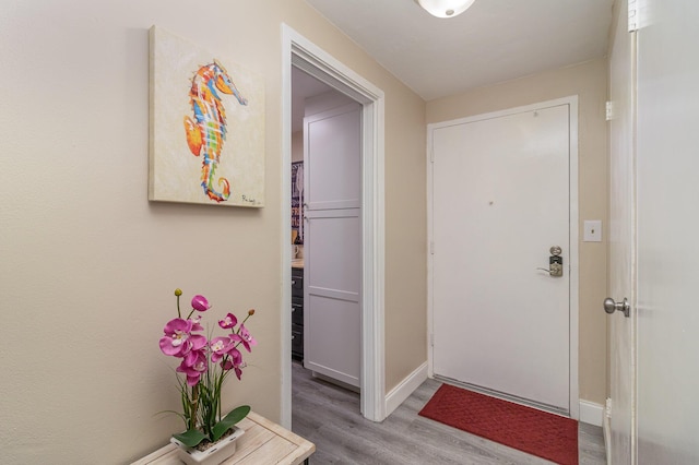 doorway with hardwood / wood-style flooring