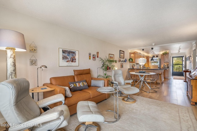 living room featuring a textured ceiling and light wood-type flooring