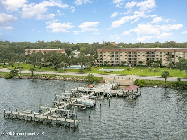 property view of water with a dock