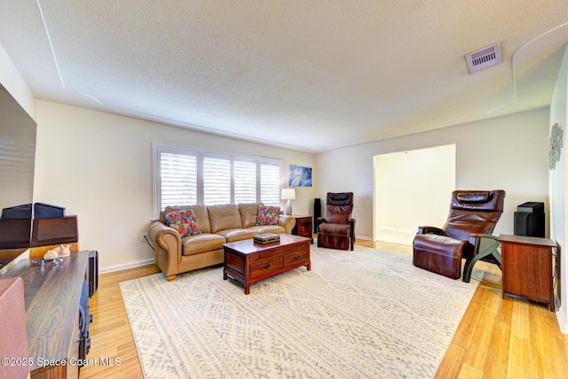 living room with wood-type flooring and a textured ceiling