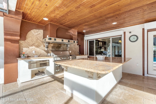 kitchen with sink, custom exhaust hood, wood ceiling, a kitchen island, and backsplash