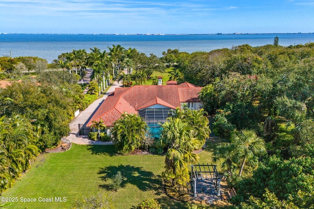 bird's eye view with a water view