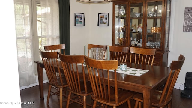 dining space featuring dark wood-type flooring