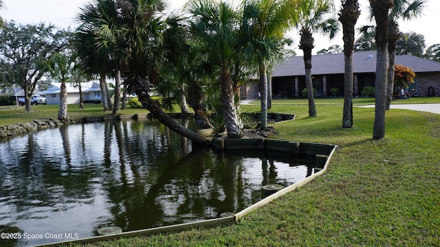 view of property's community featuring a water view and a lawn