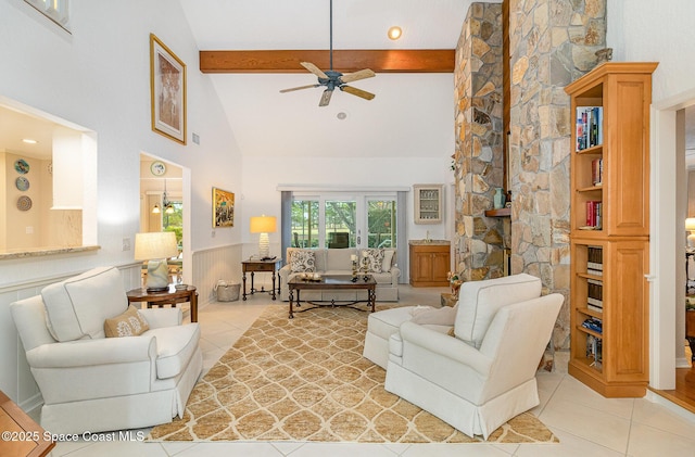 tiled living room featuring beam ceiling, ceiling fan, and high vaulted ceiling