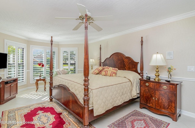 bedroom featuring ceiling fan, light tile patterned floors, ornamental molding, and multiple windows