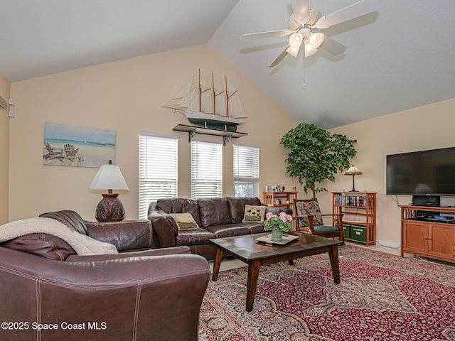 living room with vaulted ceiling and ceiling fan