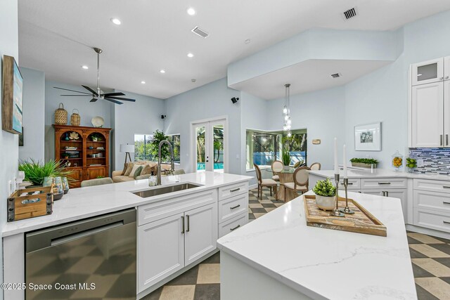 kitchen with visible vents, a sink, recessed lighting, french doors, and dishwasher