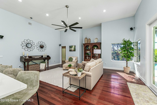 living room with recessed lighting, baseboards, wood finished floors, and ceiling fan