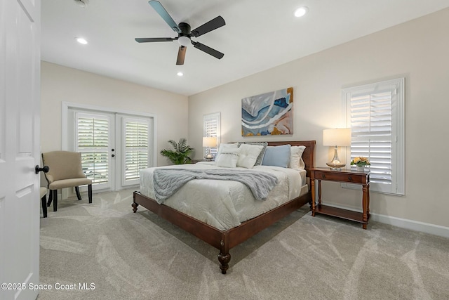 bedroom featuring recessed lighting, french doors, carpet, baseboards, and access to exterior