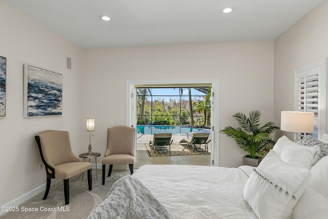 bedroom with access to exterior, recessed lighting, baseboards, and light carpet