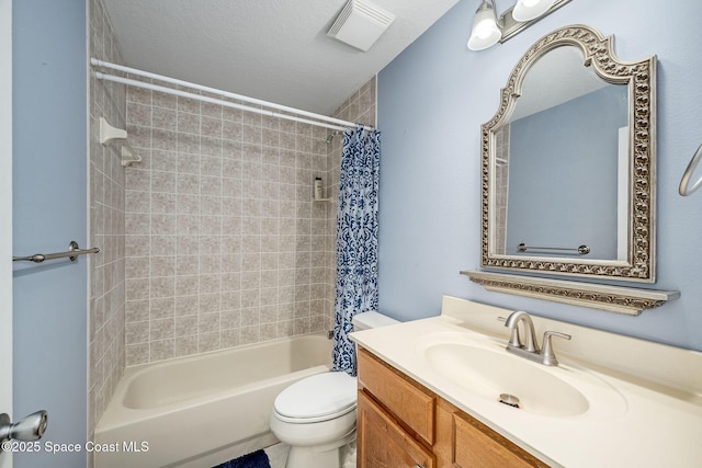 full bathroom with toilet, a textured ceiling, vanity, and shower / bath combo with shower curtain