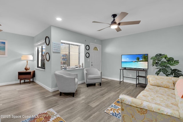 living room featuring ceiling fan and light hardwood / wood-style flooring