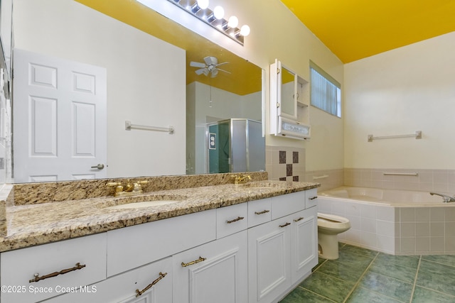 full bathroom featuring tile patterned floors, vanity, toilet, ceiling fan, and independent shower and bath