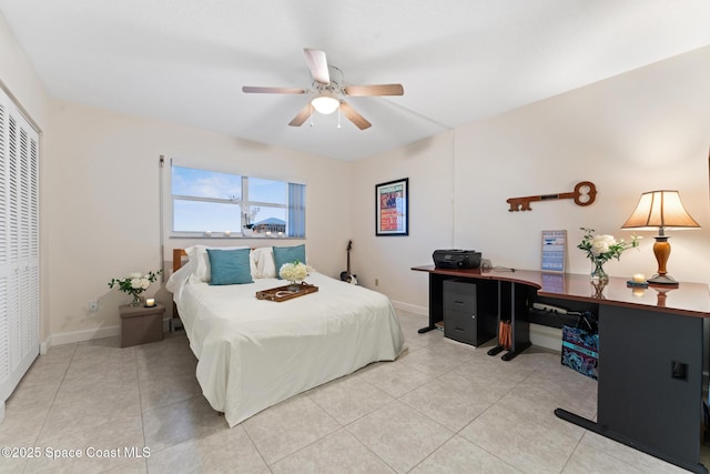 bedroom featuring ceiling fan and a closet