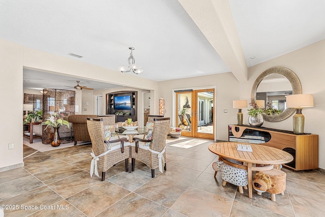 dining area featuring a notable chandelier and beam ceiling