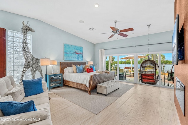 bedroom with access to outside and ceiling fan