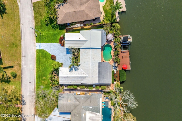 drone / aerial view featuring a water view