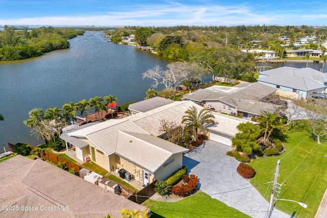 aerial view featuring a water view