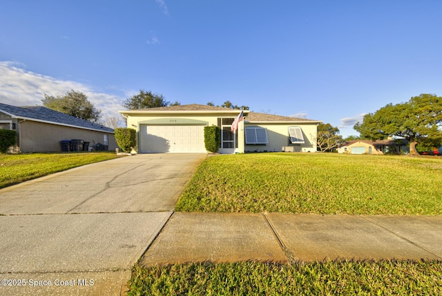 ranch-style house with driveway, a garage, a front lawn, and stucco siding