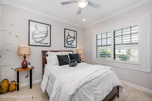 bedroom with crown molding, ceiling fan, and light wood-type flooring