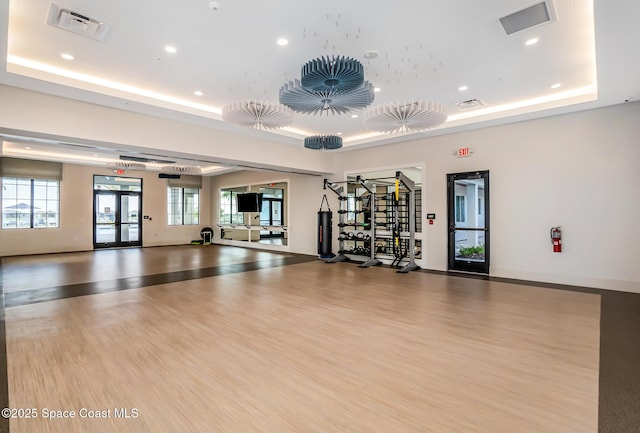 exercise room featuring a tray ceiling and light hardwood / wood-style flooring