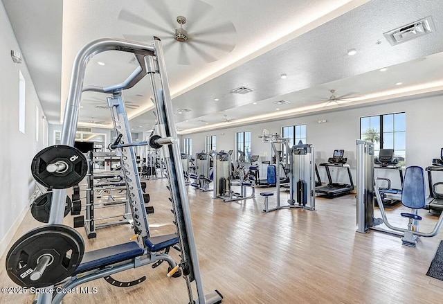 exercise room with light hardwood / wood-style flooring and ceiling fan