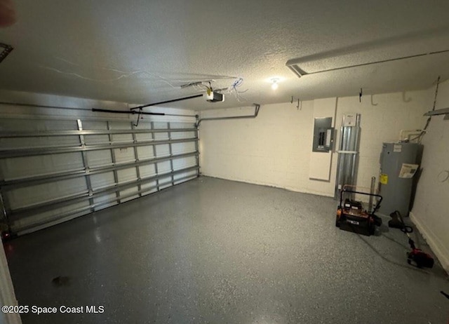 garage with water heater, a garage door opener, and electric panel