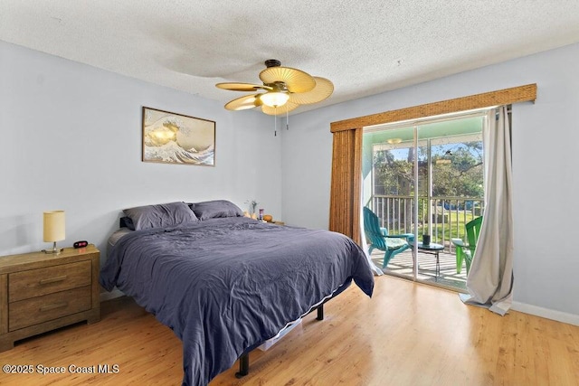 bedroom with access to outside, ceiling fan, a textured ceiling, and light hardwood / wood-style floors