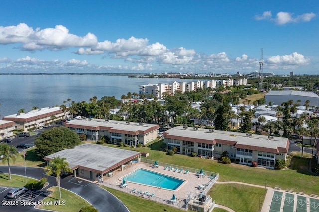 drone / aerial view featuring a water view