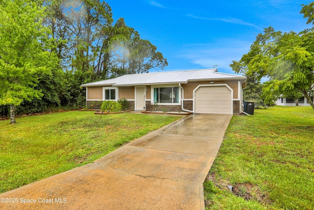 ranch-style home with a front lawn and a garage