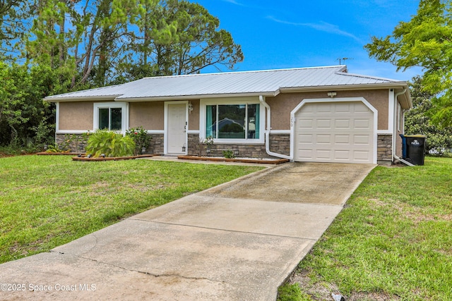 ranch-style home with a front lawn and a garage