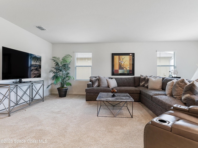 living room with light colored carpet