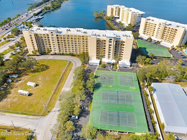 aerial view featuring a water view