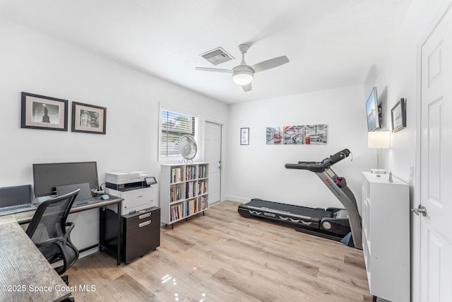 home office with ceiling fan, light hardwood / wood-style floors, and a textured ceiling