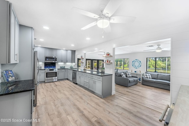 kitchen with light hardwood / wood-style flooring, gray cabinets, stainless steel appliances, and kitchen peninsula