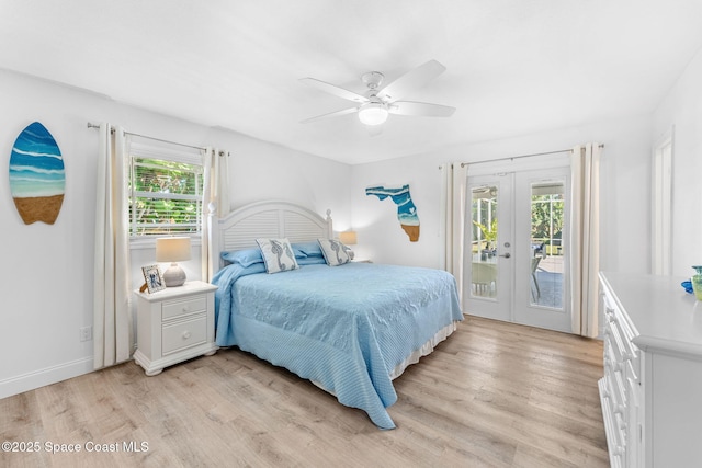 bedroom with access to exterior, french doors, ceiling fan, and light wood-type flooring