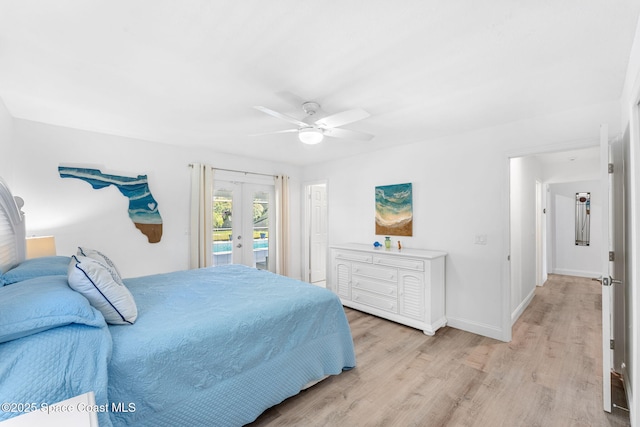 bedroom featuring light wood-type flooring, access to outside, ceiling fan, and french doors