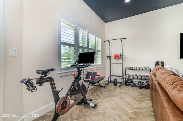 exercise area with light parquet floors