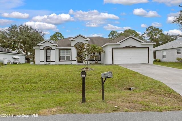 single story home with a garage and a front yard