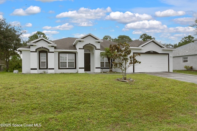 ranch-style home with a front lawn and a garage