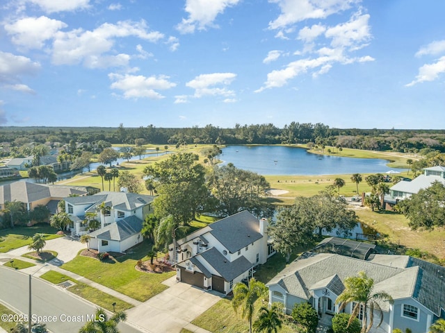 bird's eye view with a water view