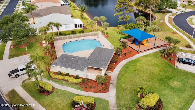 bird's eye view with a water view