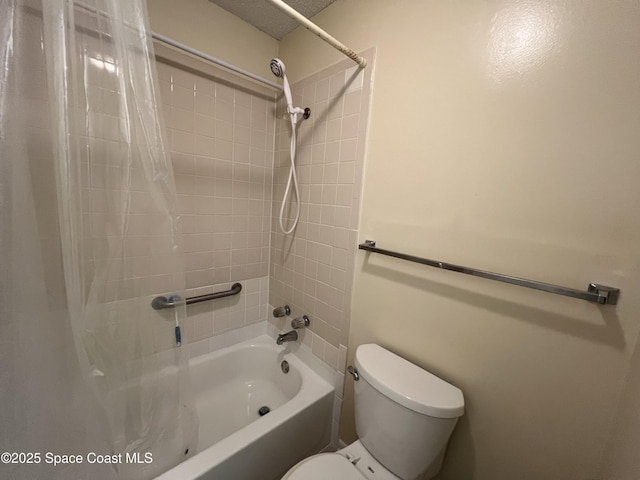 bathroom with toilet and shower / bathtub combination with curtain