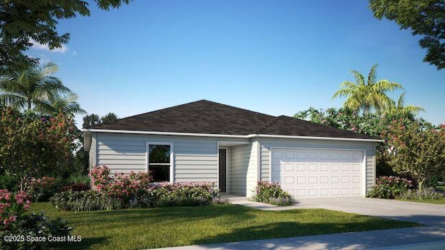 single story home featuring a front lawn and a garage