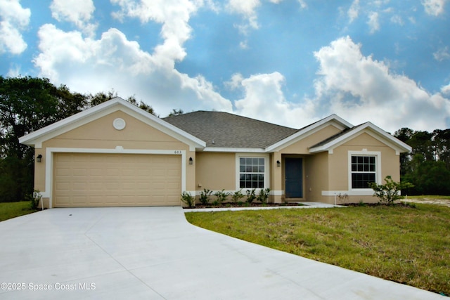 ranch-style house with a garage and a front lawn