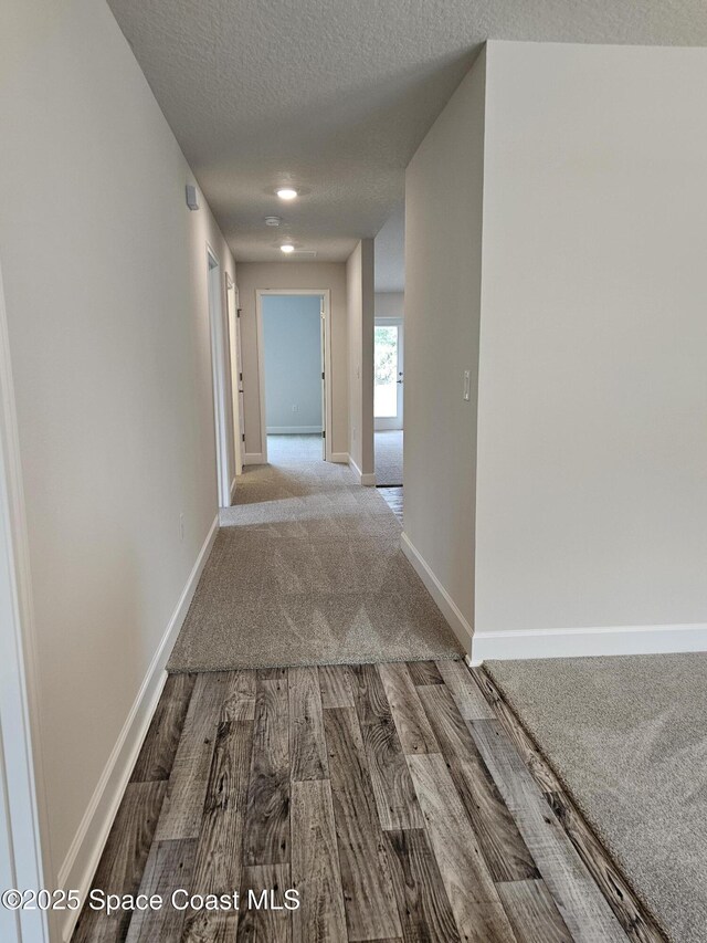 3317 Fitzpatrick Ave SW, Palm Bay, FL 32908 - hallway with a textured ceiling, wood finished floors, baseboards, and carpet