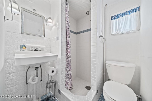 bathroom with sink, a shower with shower curtain, and toilet