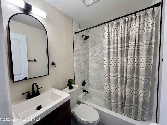 full bathroom with vanity, shower / bathtub combination with curtain, a textured ceiling, and toilet